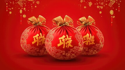 Traditional red money bags with golden Chinese characters, arranged on a red background with decorative elements symbolizing prosperity and good fortune