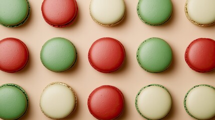 Obraz premium Vibrant green, red, and gold macarons arranged in a pleasing pattern against a soft pastel background, creating a festive and elegant look