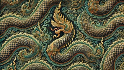 Intricate Thai Dragon Carving Green and Gold Temple Wall Detail