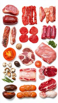 A variety of meats and vegetables are displayed on a white background