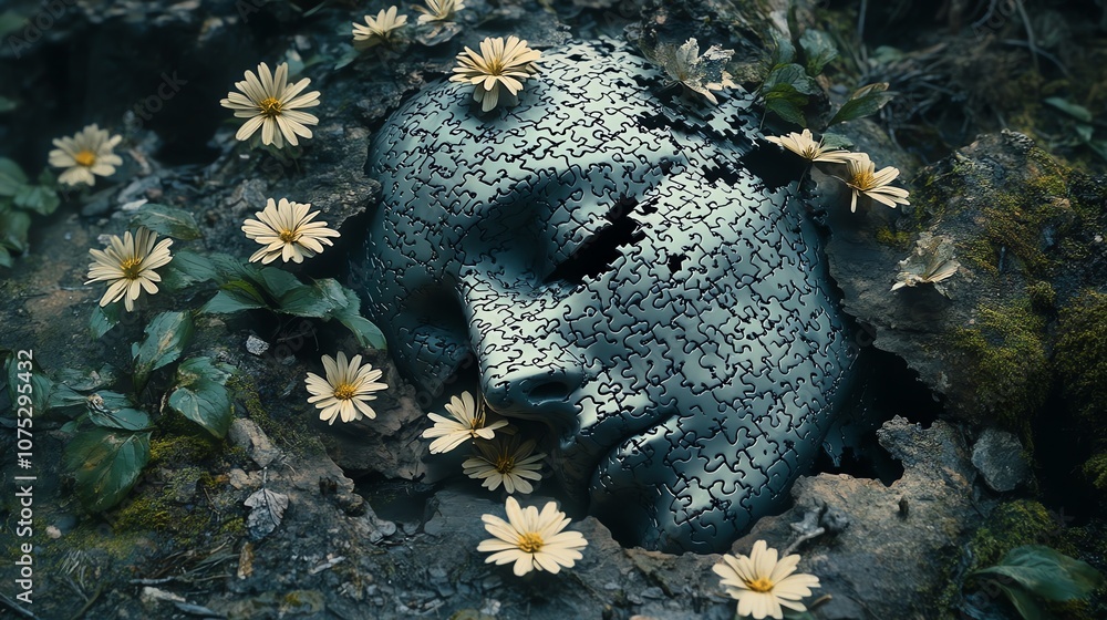 Aufkleber a close-up of a human face, partially buried in the ground, with daisies growing around it. the face
