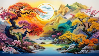 The cycle and change of the four seasons expressed through the oriental pine tree