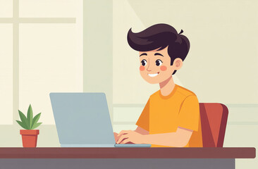 Student sitting at the table in front of laptop, smiling and typing, doing assignments, studying online