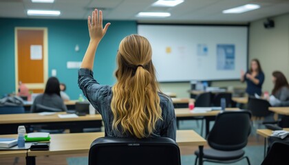 Student In Education Training Class Raising Hand To Answer Teacher'S Question Captured From A Back View Perspective. A Participatory Learning Moment.
