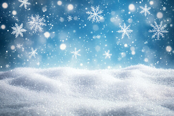 Snow, snowdrift on blue background and snowfall. Winter template, pedestal banner concept for Christmas, New Year and sales season. Web map and background with space for text