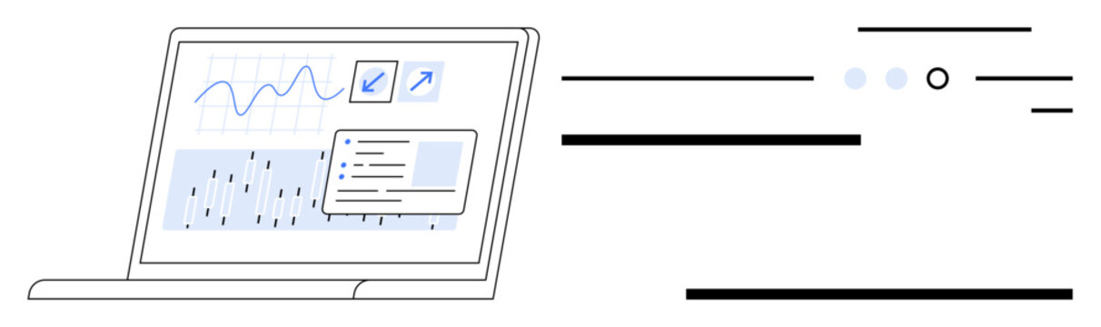 Laptop with analytics graphs, scatter plots, and zoom function icons. Interface lines and circles signify additional functionalities. Ideal for data analysis, fintech, business presentations