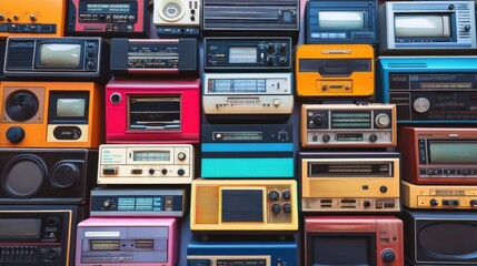 Obraz premium A vibrant collection of vintage radios in various colors and designs, showcasing retro technology from the mid-20th century.