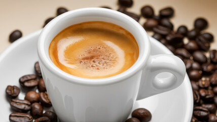 A close-up of a creamy espresso in a white cup, surrounded by roasted coffee beans, creating a warm and inviting coffee experience.