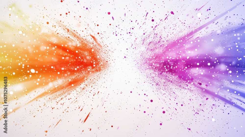 Poster a vibrant explosion of orange and purple colors with shimmering particles, creating an energetic and