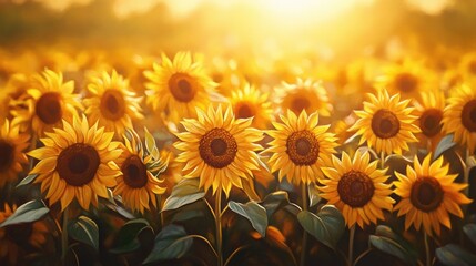 Obraz premium Oil painting depicting a vibrant field of blooming sunflowers illuminated by a soft golden sunset capturing the beauty of nature s blossoms in warm light