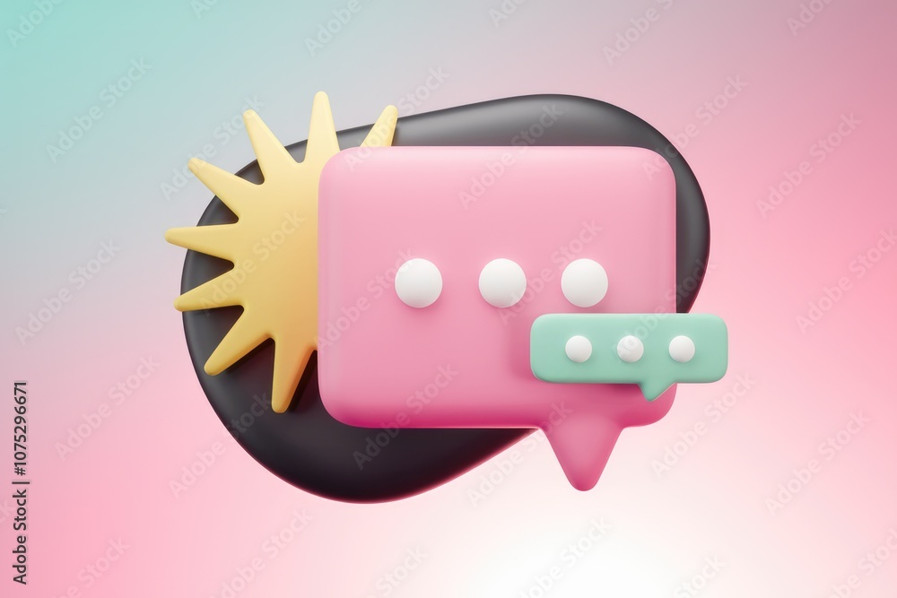 Poster 3d render of pink chat bubble with sun behind it