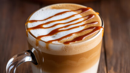 A close-up of a creamy latte with caramel drizzle, served in a clear glass mug, showcasing its rich texture and layered appearance.
