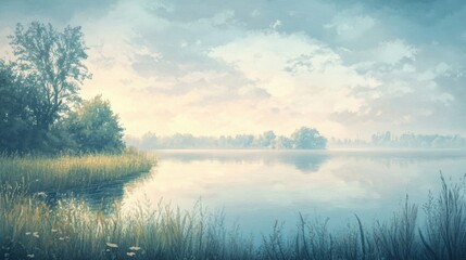 Fototapeta premium Oil painting depicting a serene morning landscape with a tranquil atmosphere and picturesque scenery