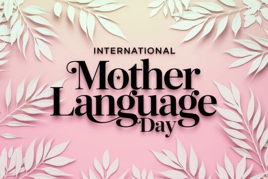 International Mother Language Day celebration with white paper leaves on pink background.