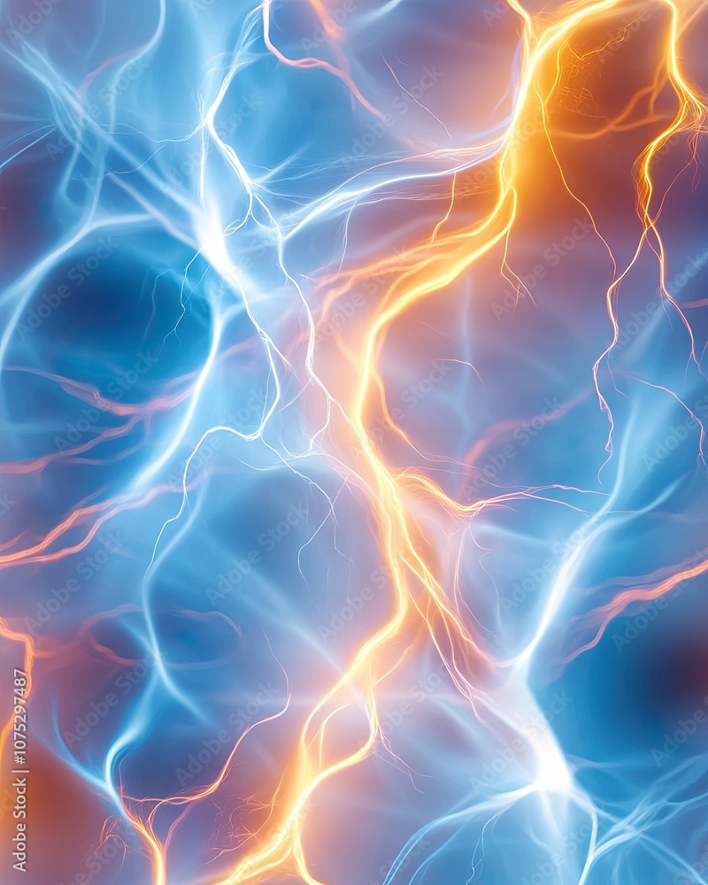 Poster electric blue and orange energy patterns illuminating a dark background in abstract design
