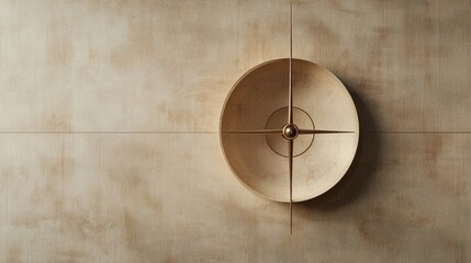 A clock with a gold base and a white face sits on a tan wall