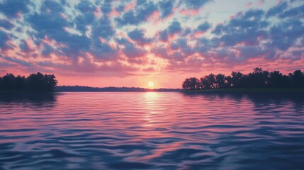 Oil painting depicting a serene sunset reflecting on the water capturing the beauty of twilight