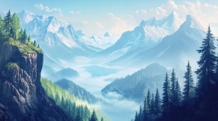 Fototapeta premium Oil painting depicting a mountain landscape with a scenic view of a national park showcasing natural beauty and tranquility