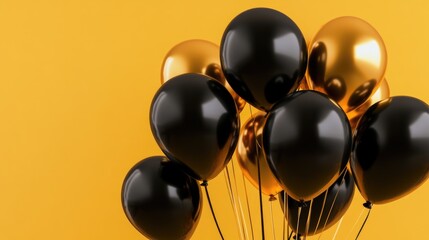 Bunch of black and gold balloons are arranged in a cluster. The balloons are black and gold, and they are arranged in a way that creates a sense of elegance and sophistication