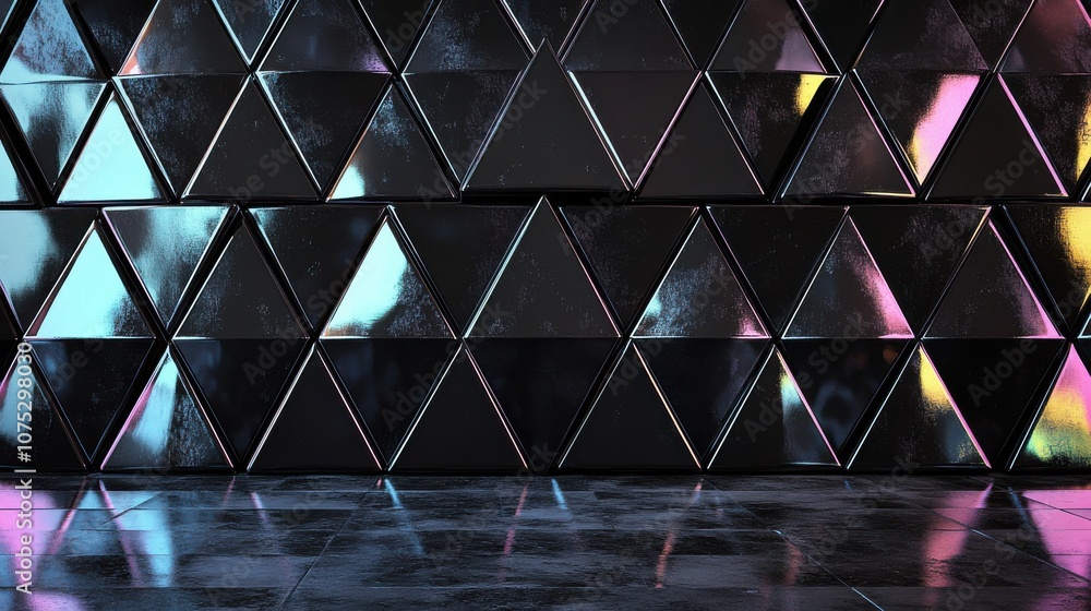 Poster abstract geometric pattern showcasing a black and reflective triangular wall with colorful lighting 