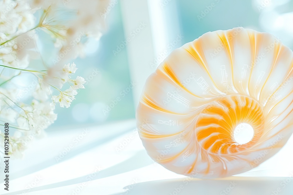 Aufkleber fibonacci spiral of a seashell beside delicate flowers under soft natural light