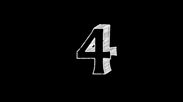3D animation of white English numbers on a black background drawn by hand, in white chalk on a blackboard. Rough dry brush texture. Set of numbers