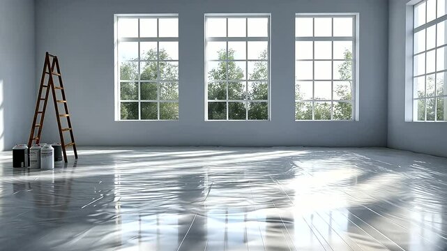 A clean, open room with freshly painted white walls, natural light streaming through big windows, and a step ladder and paint cans on the plastic-covered floor, showcasing the fina