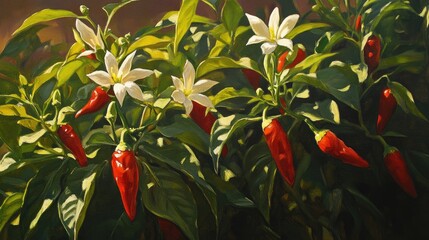 Oil painting featuring chili flowers and fresh green chilies on the plant showcasing natural peppers with a macro and soft focus on the growing green peppers and flowers