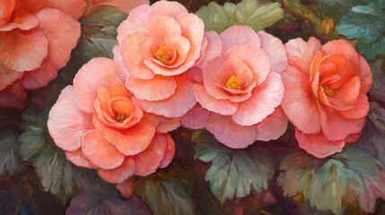 Fototapeta premium Oil painting of coral pink Elatior begonias with double blooms showcasing the beauty of this flowering plant from the Begoniaceae family