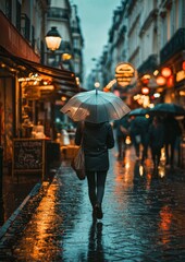 Obraz premium A woman walks down a wet street with an umbrella, surrounded by other people