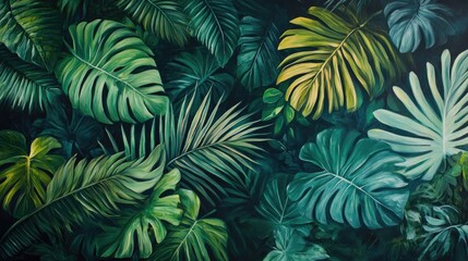 Oil painting depicting vibrant tropical foliage evoking a fresh summer ambiance with lush greenery