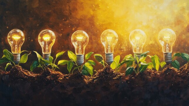 Oil painting depicting growing light bulbs exploring themes of energy in nature and energy efficiency highlighting the connection between natural elements and sustainable energy