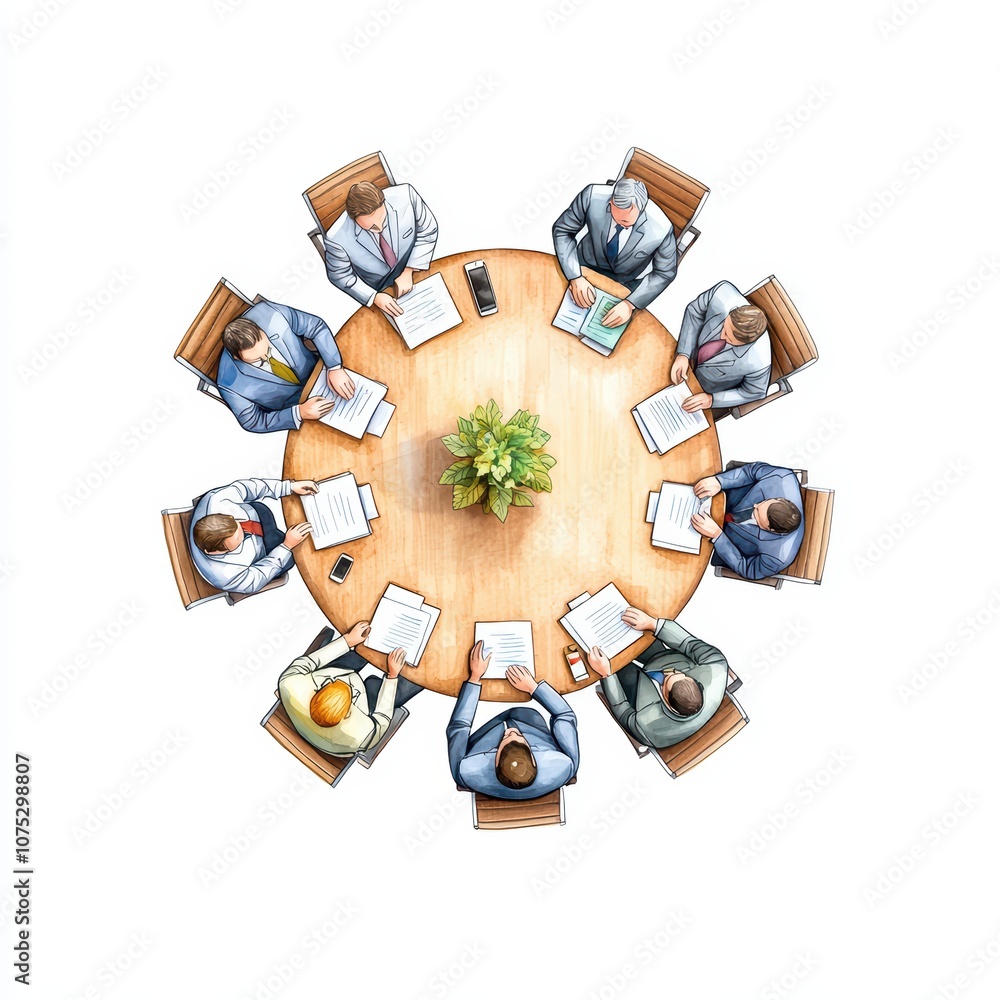 Poster aerial view of a business meeting around a circular table with diverse professionals discussing stra