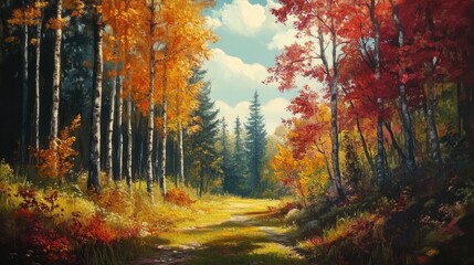 Fototapeta premium Oil painting depicting a vibrant autumn day in a forest showcasing the beauty of seasonal nature