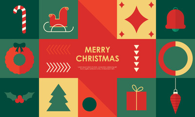 Naklejka premium Geometric Christmas Seamless Pattern with Christmas Flat Icons Elements for Wrapping Paper, Background, or Wallpaper