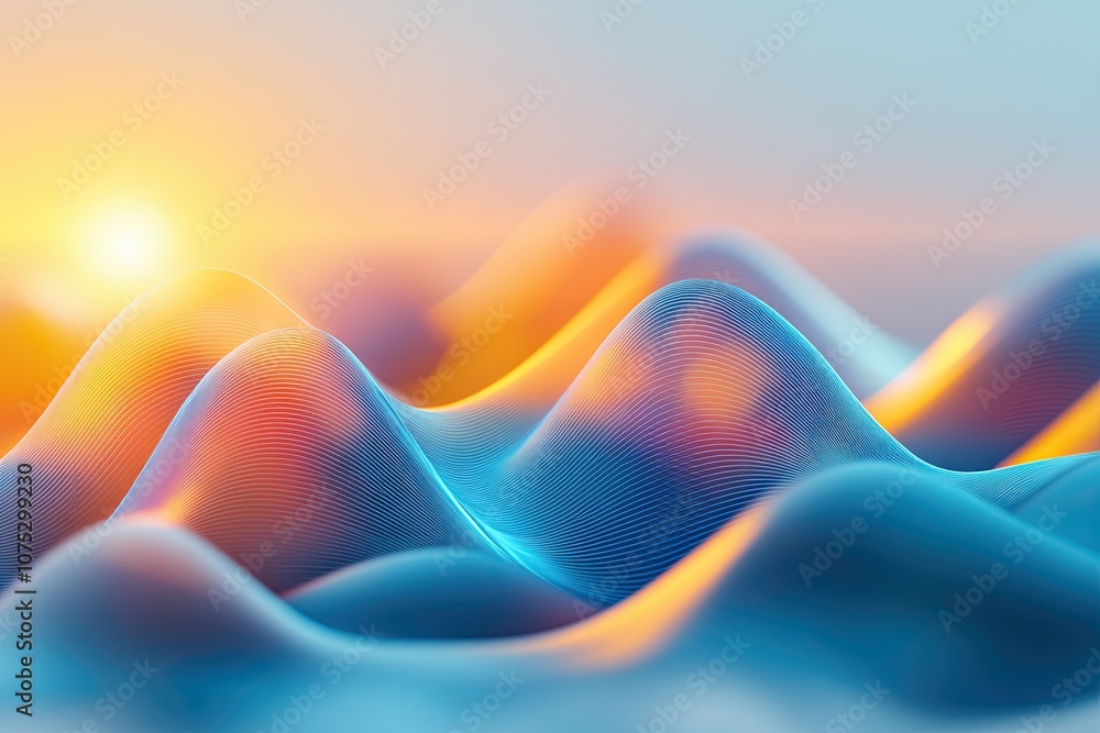 Poster a serene landscape showcasing vibrant probability distributions with gaussian curves at dawn