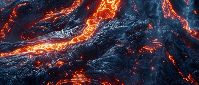 An active volcanic scene with flowing molten lava, fiery orange against a dark background. Details like cracks and texture add depth, illuminating surrounding rock with a dramatic red glow.