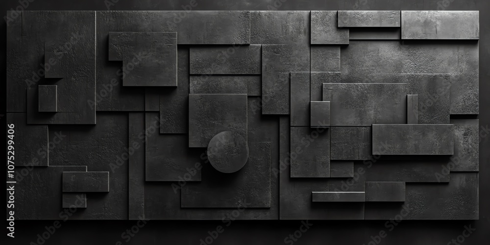 Poster Abstract geometric pattern of rectangular shapes in shades of grey on a dark background.