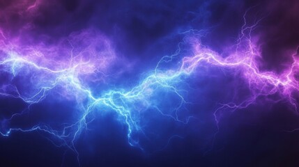 Vibrant electric storm with striking blue and purple lightning across a dark, stormy sky.