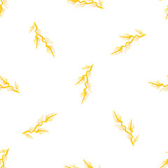 Seamless pattern of yellow lightning bolts striking on a white background, creating a dynamic and energetic design