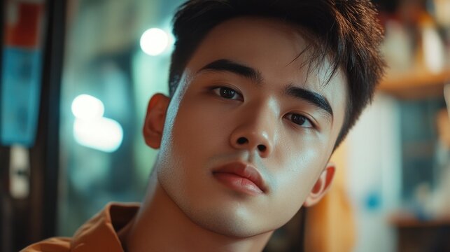 Facial close-up of a young male, possibly Asian, with short beard and clean shaven face. His gaze is directed towards the camera and he has a neutral expression.
