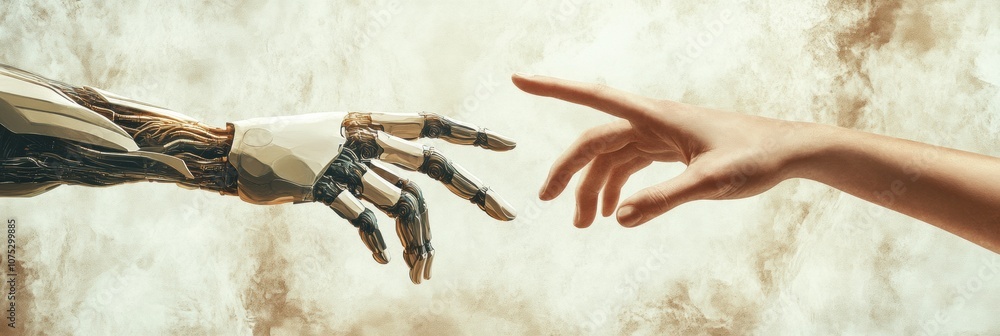 Poster a human hand and a robotic hand extend towards each other, emphasizing the connection between human 