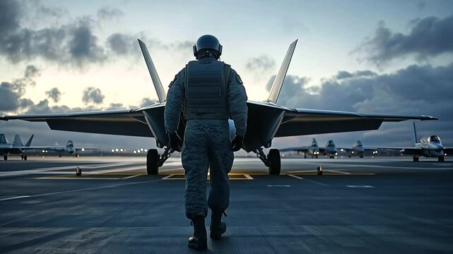 A fighter jet on the tarmac with a powerful stance, its engine turbines gleaming, while a pilot in full gear heads toward the cockpit for a flight into the skies.