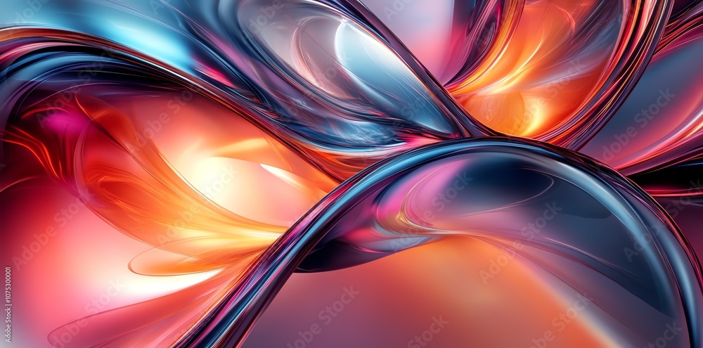 Poster abstract background with intertwining glossy shapes in red, orange, and blue hues.