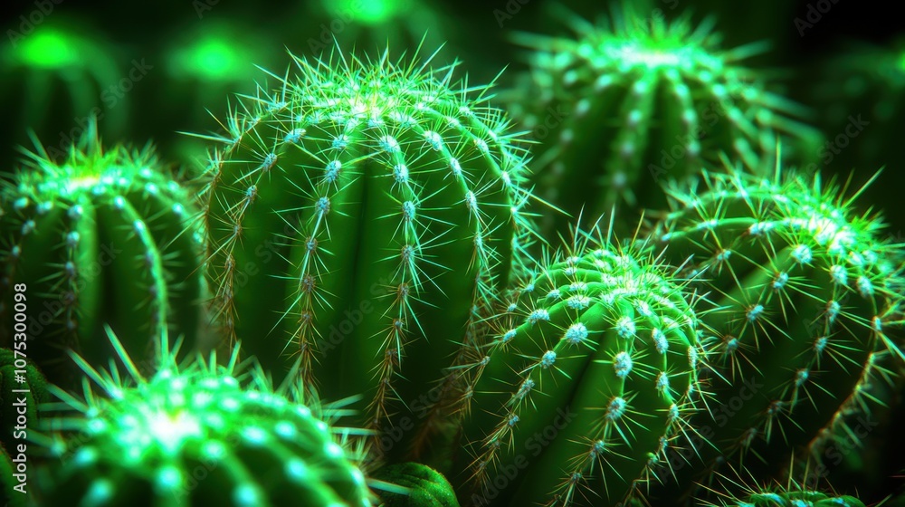 Poster close-up of vibrant green cacti with sharp spikes, showcasing their intricate patterns and textures.