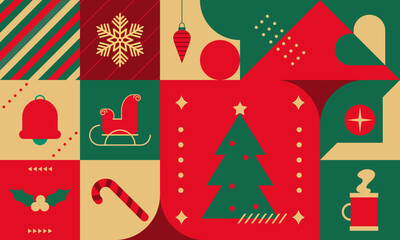 Geometric Christmas Seamless Pattern with Christmas Flat Icons Elements for Wrapping Paper, Background, or Wallpaper