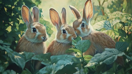 Fototapeta premium Oil painting of rabbits feeding on leaves in a garden at a countryside farm showcasing their herbivorous nature