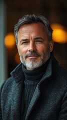 Fototapeta premium A mature man with gray hair and a beard, dressed in a stylish black coat and turtleneck, exudes confidence against a softly lit background.