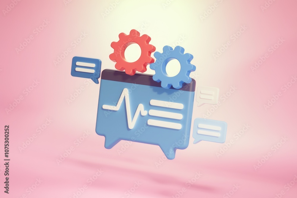 Poster 3d illustration of a blue screen with a heart rate line two gears and three chat bubbles.