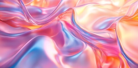 Abstract iridescent background with soft pink, orange, and blue tones.